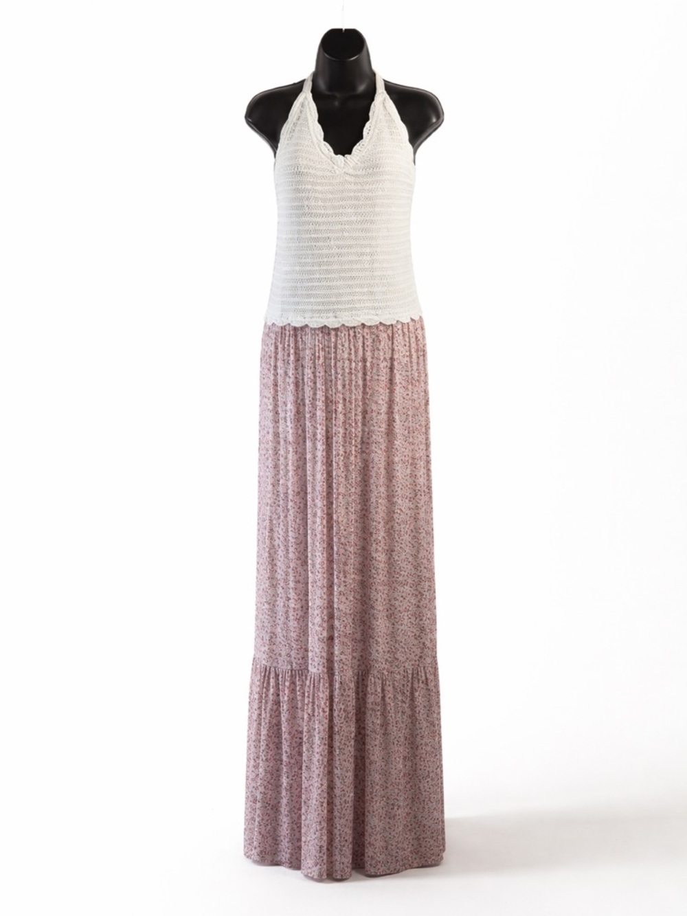 Black Tape White Crochet Halter Maxi Dress Boho Tiered Floral Skirt Size XL - Picture 2 of 8